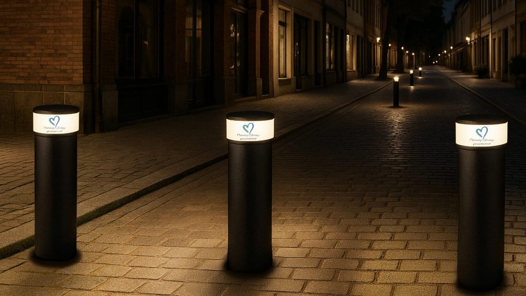 borne solaire anti-bélier Lumy Defender installée devant un commerce