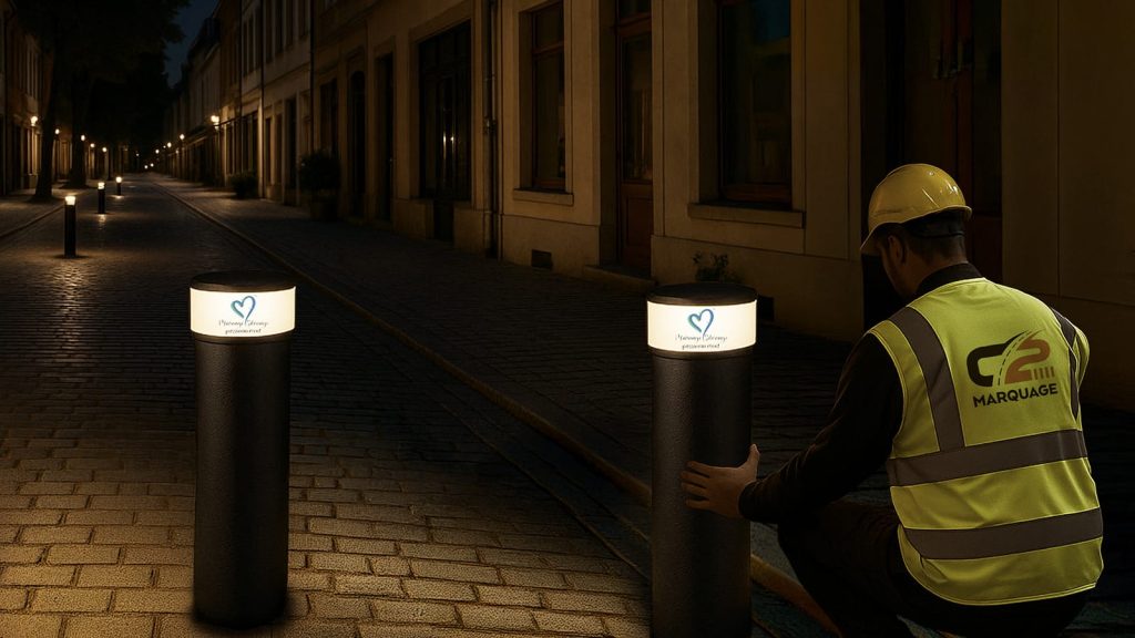 borne solaire anti-bélier Lumy Defender installée pour sécuriser une zone piétonne