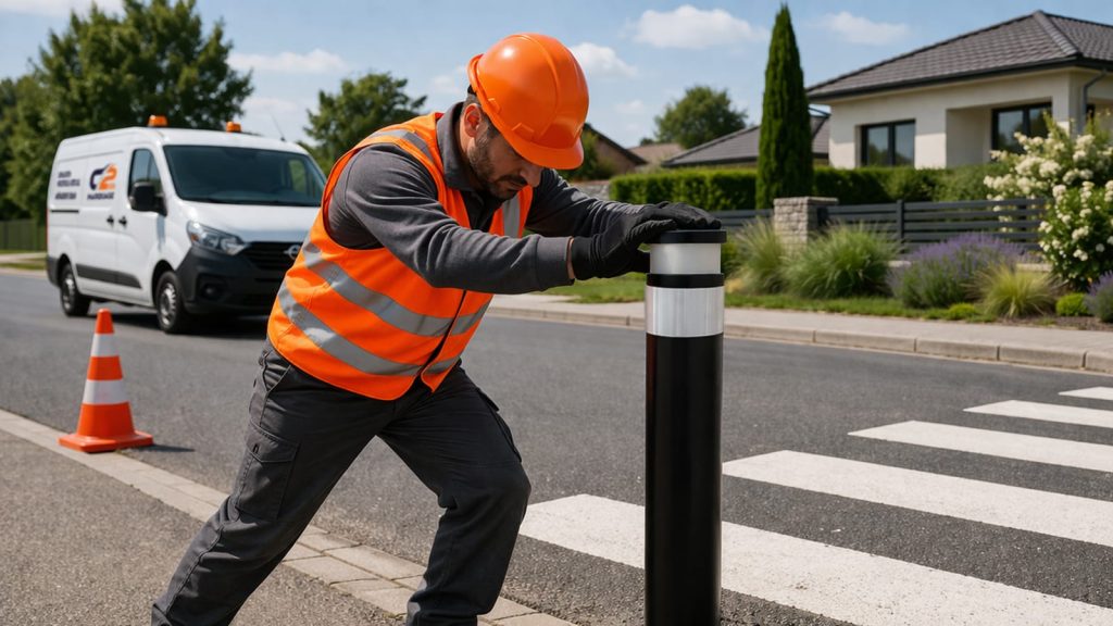 Installation d’un potelet lumineux LUMY Flash sur un passage piéton par un technicien en voirie