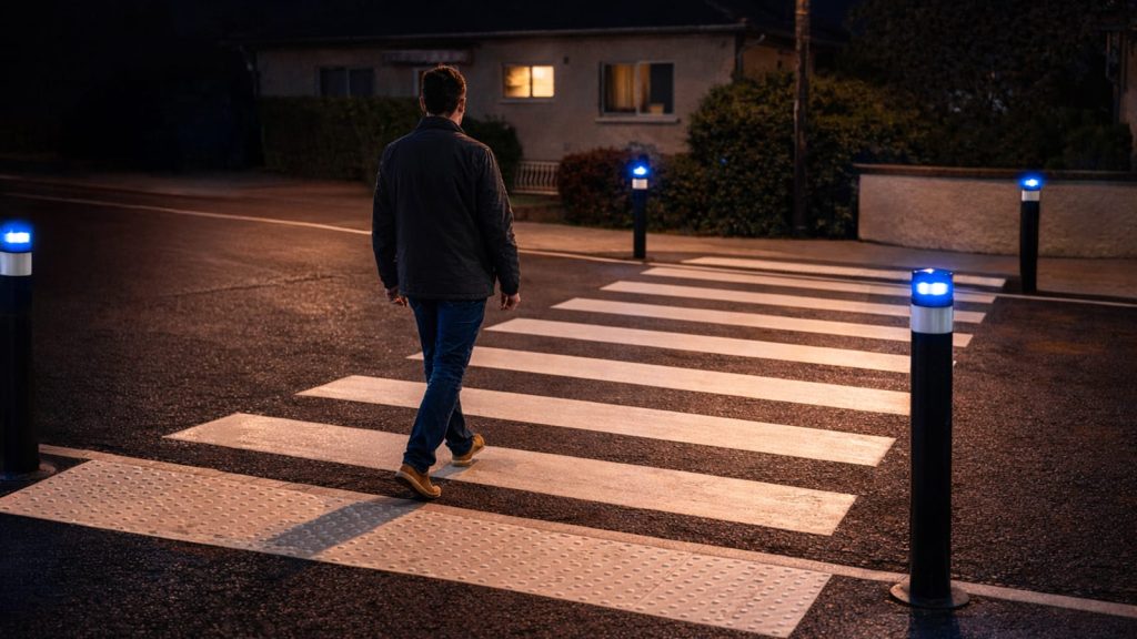 sécurisation passage piéton avec balisage lumineux LUMY Flash et détection piéton