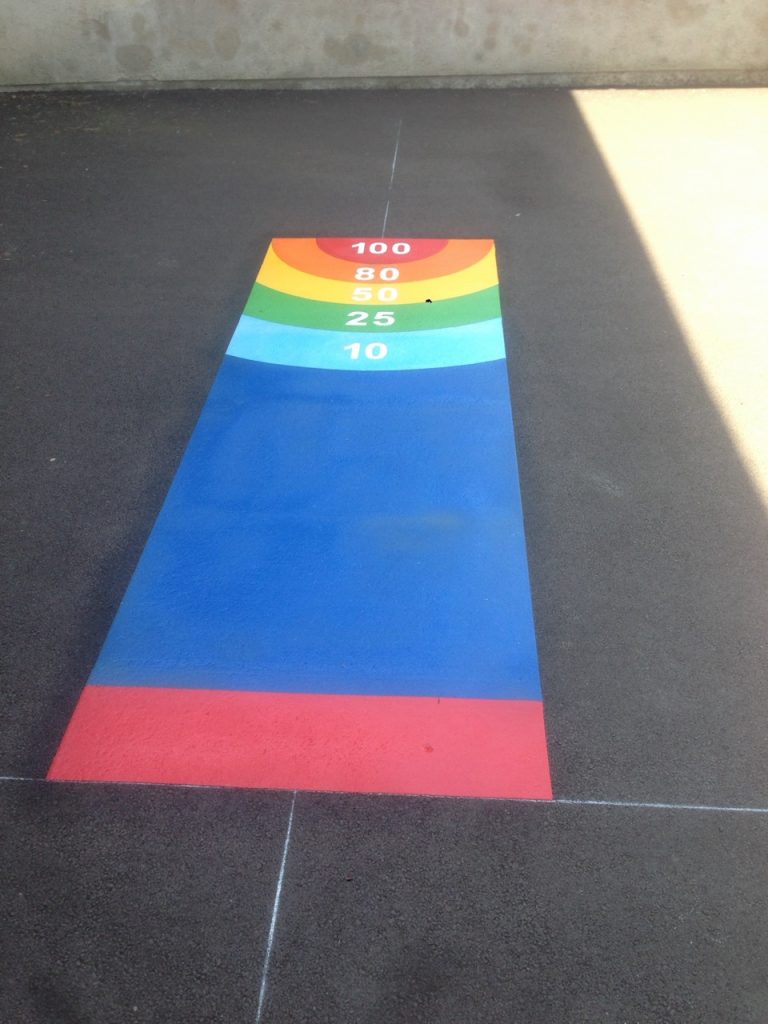 Jeu de calcul coloré avec chiffres 10 à 100 en arc-en-ciel peint au sol d'une cour d'école pour l'apprentissage des mathématiques