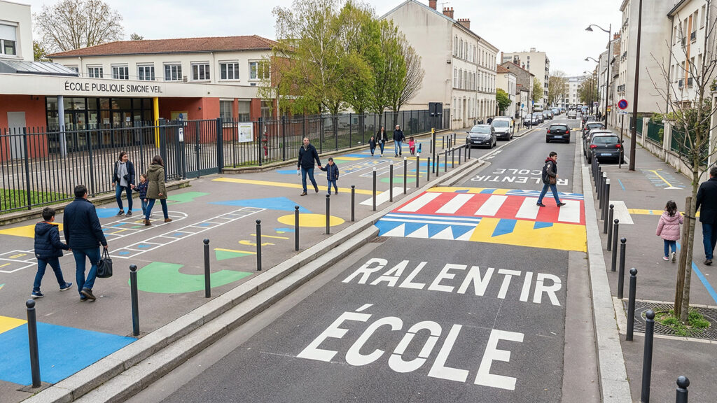 Abords d’école apaisés : marquage coloré et pictogrammes ralentir