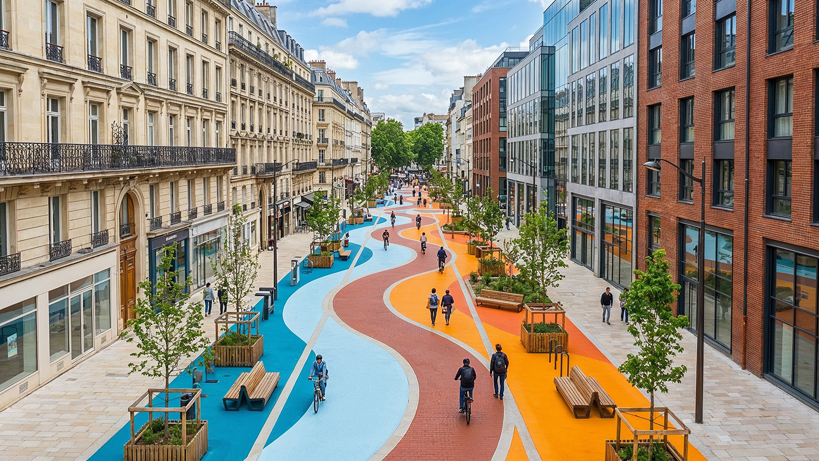 Rue partagée apaisée avec marquage au sol coloré, design actif
