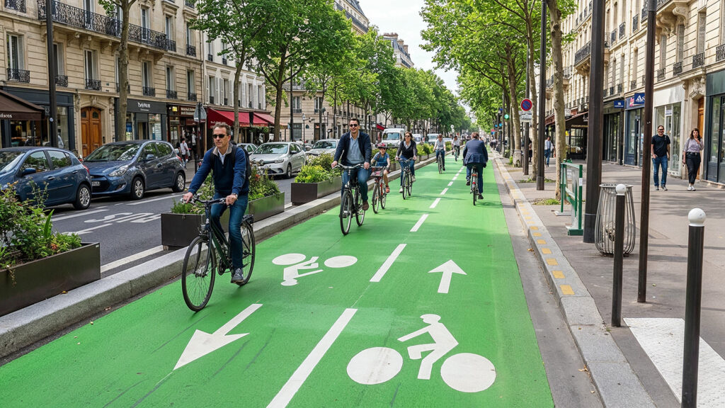 Piste cyclable colorée avec pictogrammes vélo, design actif
