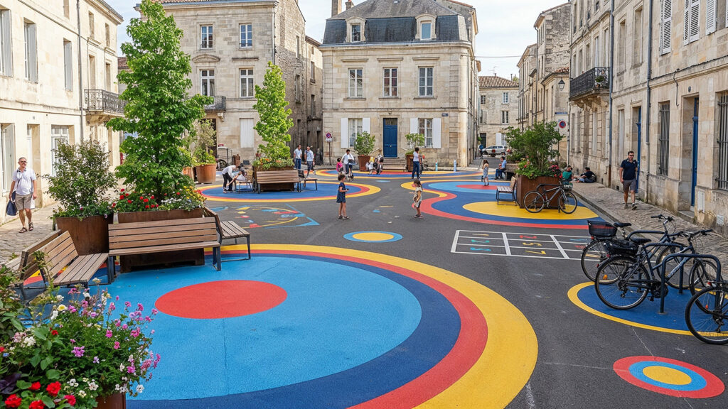 Place urbaine reconquise en zone de rencontre colorée, design actif