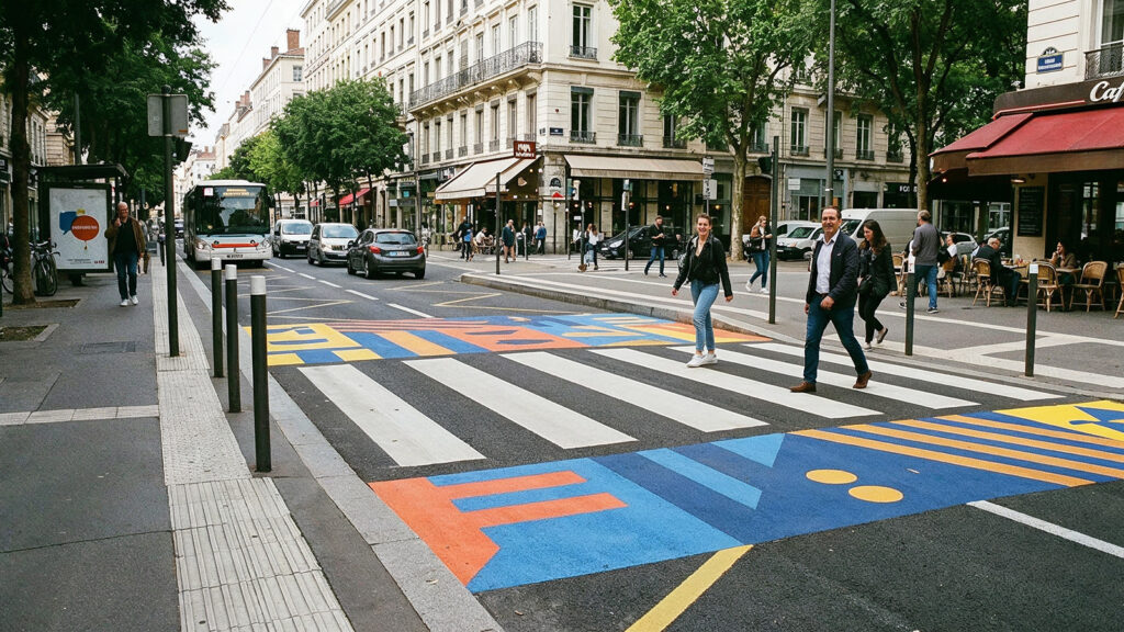 Traversée piétonne colorée sur plateau, design actif