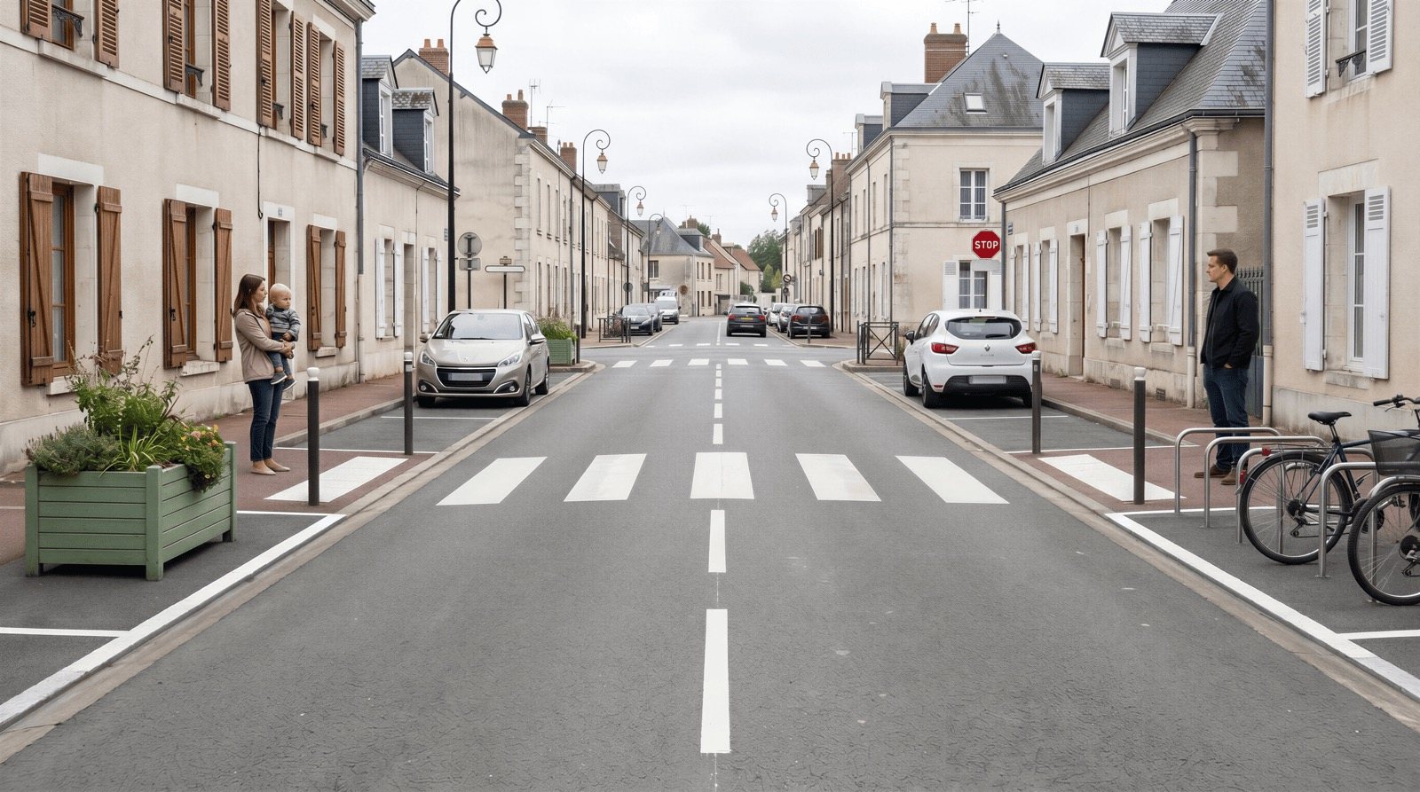 Loi LOM passages piétons : 5 m neutralisés réaménagés en stationnement vélo et espace végétalisé en amont du passage