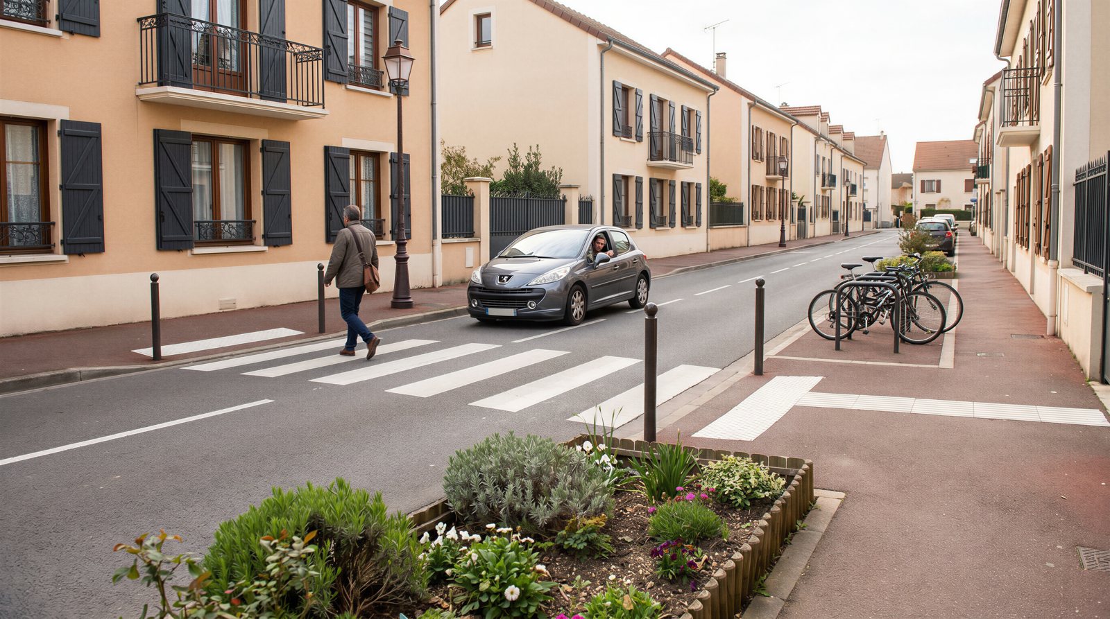 Loi LOM passages piétons : exemple d’aménagement conforme d’un passage piéton en France — 5 m dégagés, co-visibilité, stationnement vélo et végétalisation