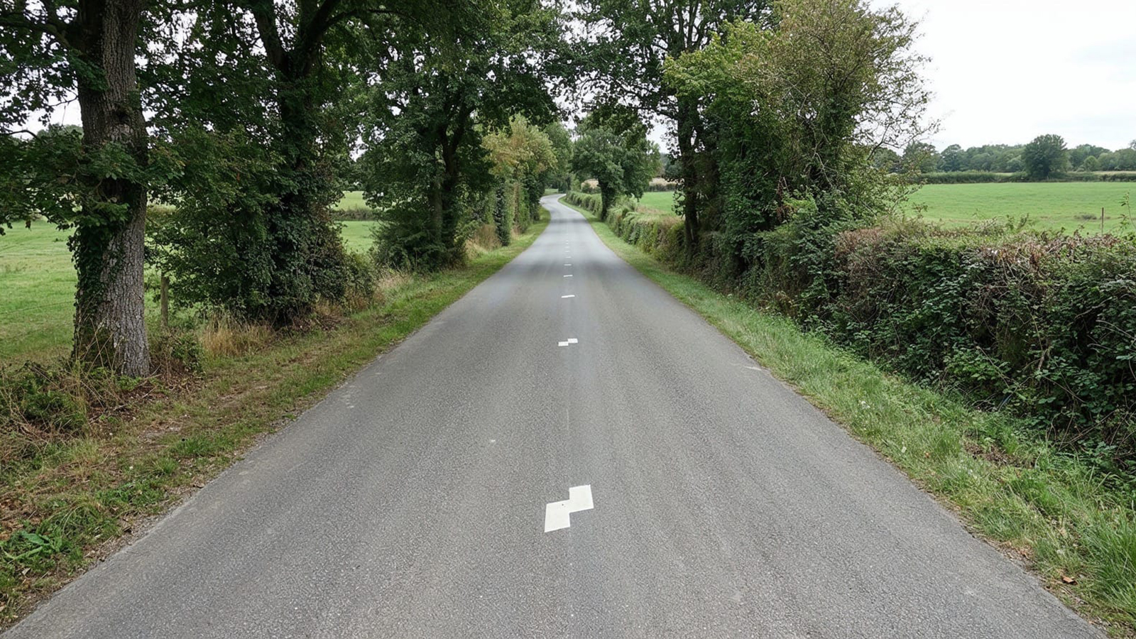 Route de campagne étroite avec marquage de guidage MRE sur l’axe central