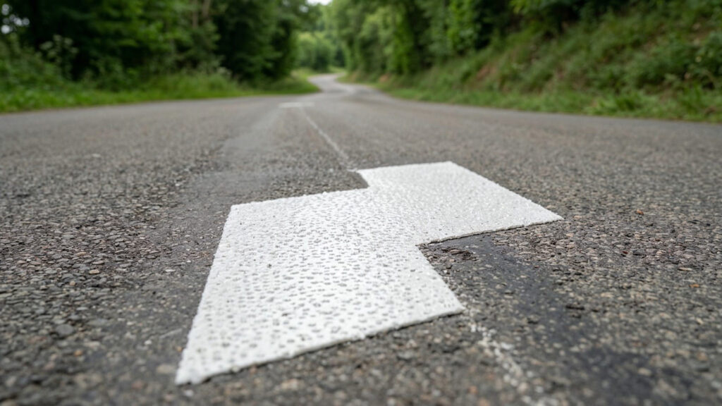 Gros plan d’un module de marquage MRE blanc sur la chaussée