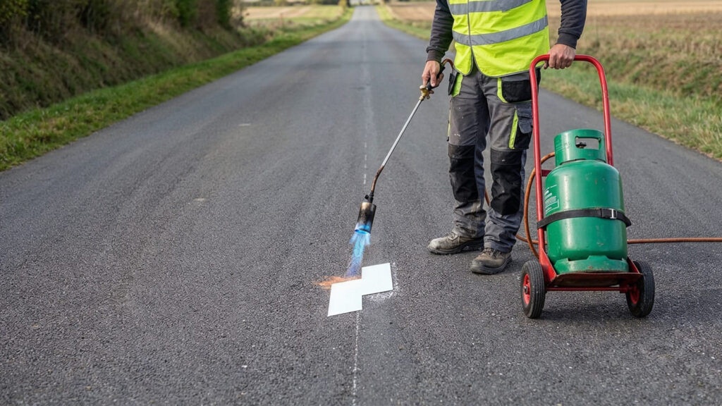 Applicateur posant un module de route étroite MRE au chalumeau au centre de la chaussée