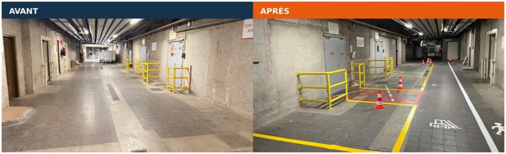 Galerie logistique de l'Hôpital Bel-Air avant et après la création des nouvelles délimitations au sol