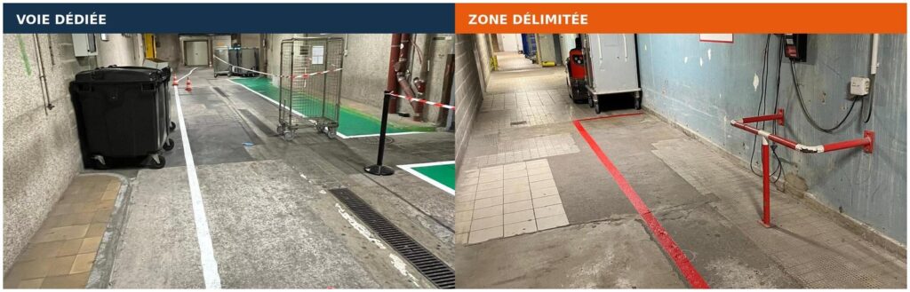 Zone de stockage et zone de chargement identifiées par un marquage au sol coloré